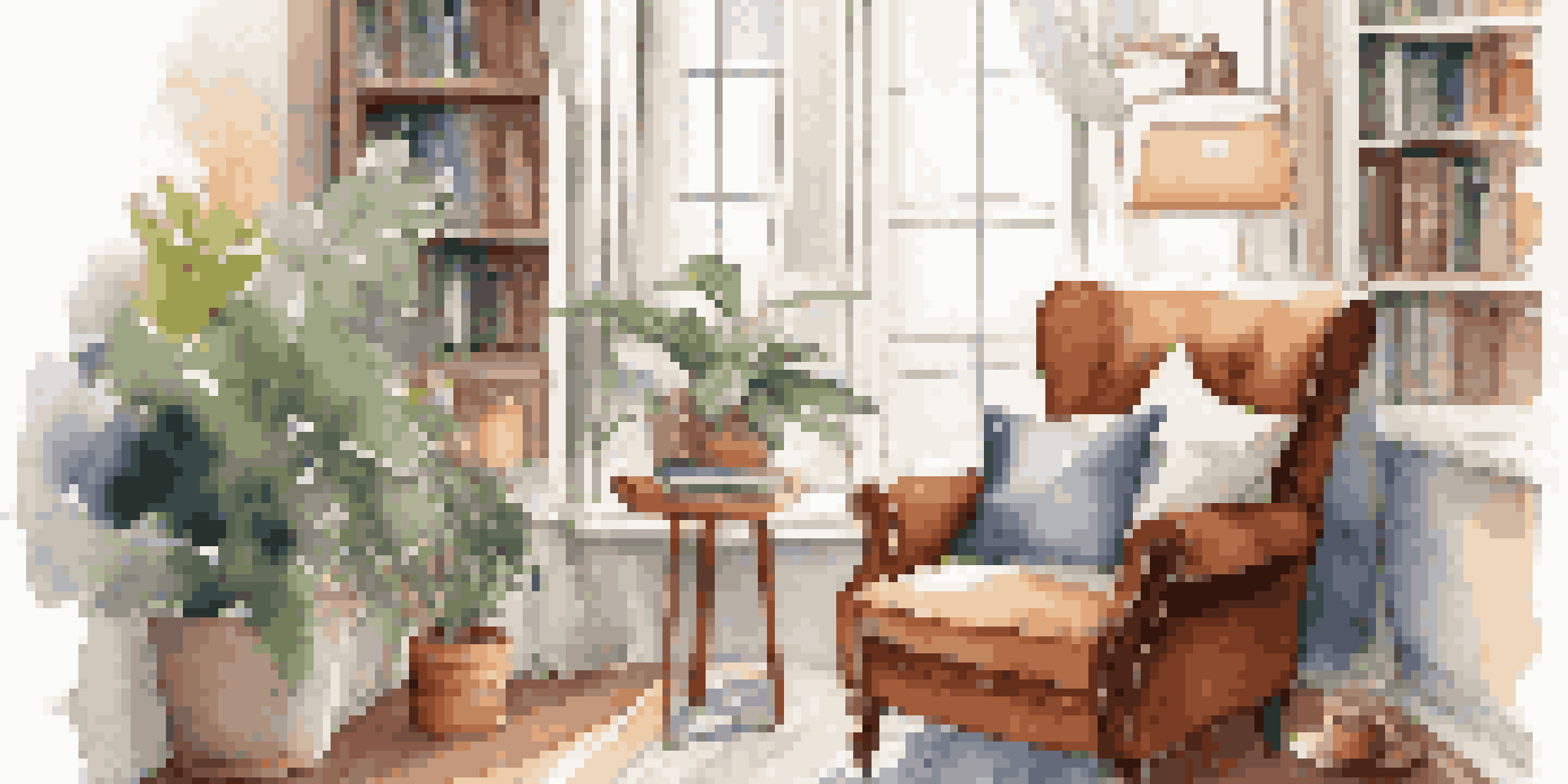 A cozy nook with a plush armchair and indoor plants, illuminated by soft natural light, creating a peaceful atmosphere.