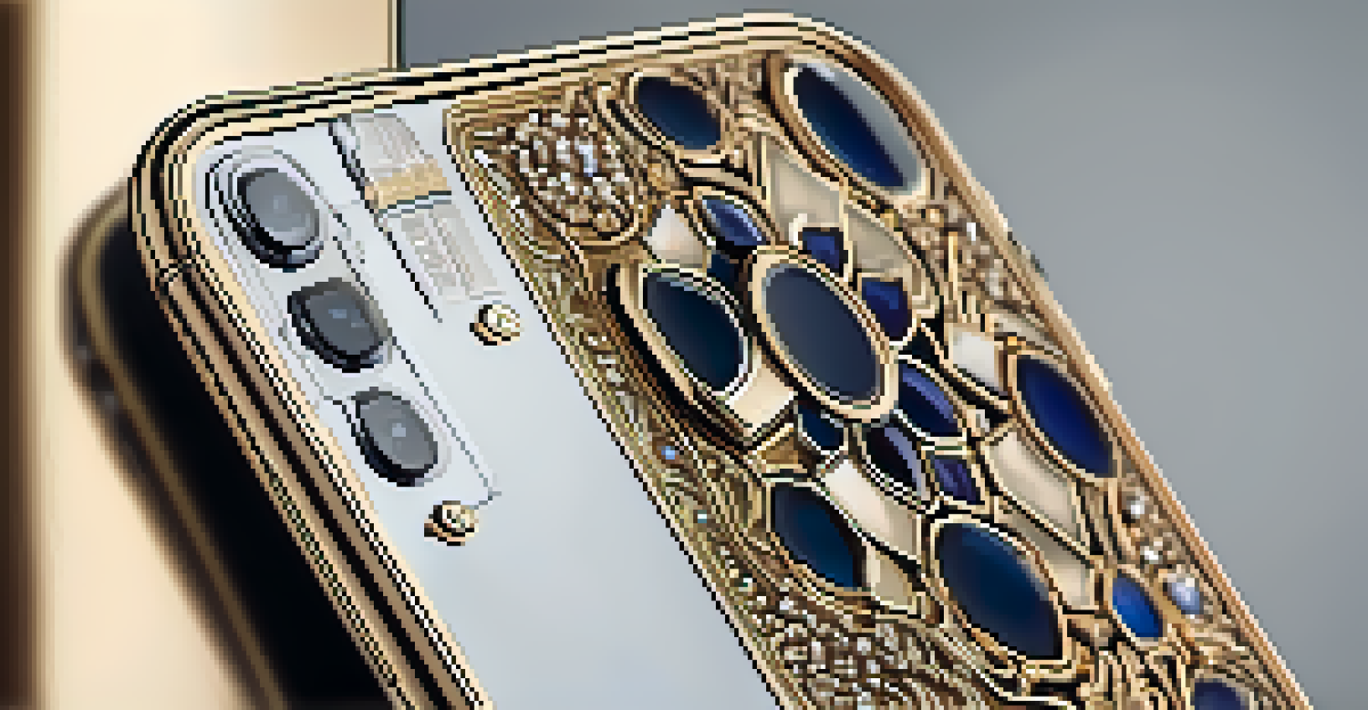 Close-up of a luxury smartphone highlighting its sapphire glass and gold accents, with a blurred background.