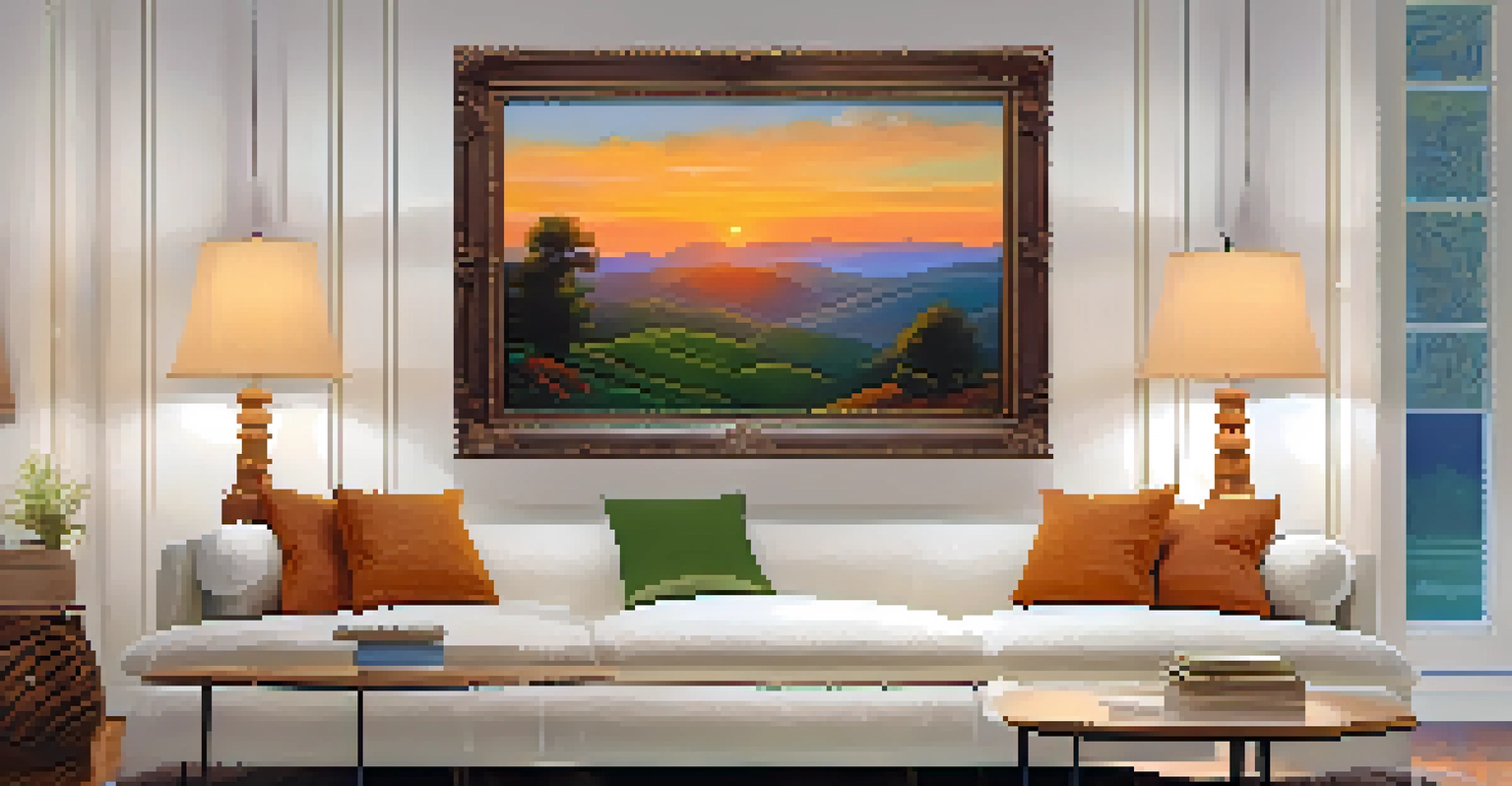 A close-up of an ornate framed painting of a sunset landscape, set in a cozy living room with warm lighting and plush furniture.