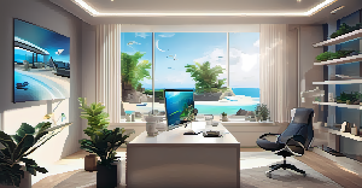 A futuristic home office featuring virtual reality elements, with a VR headset and a serene beach environment displayed on a monitor.