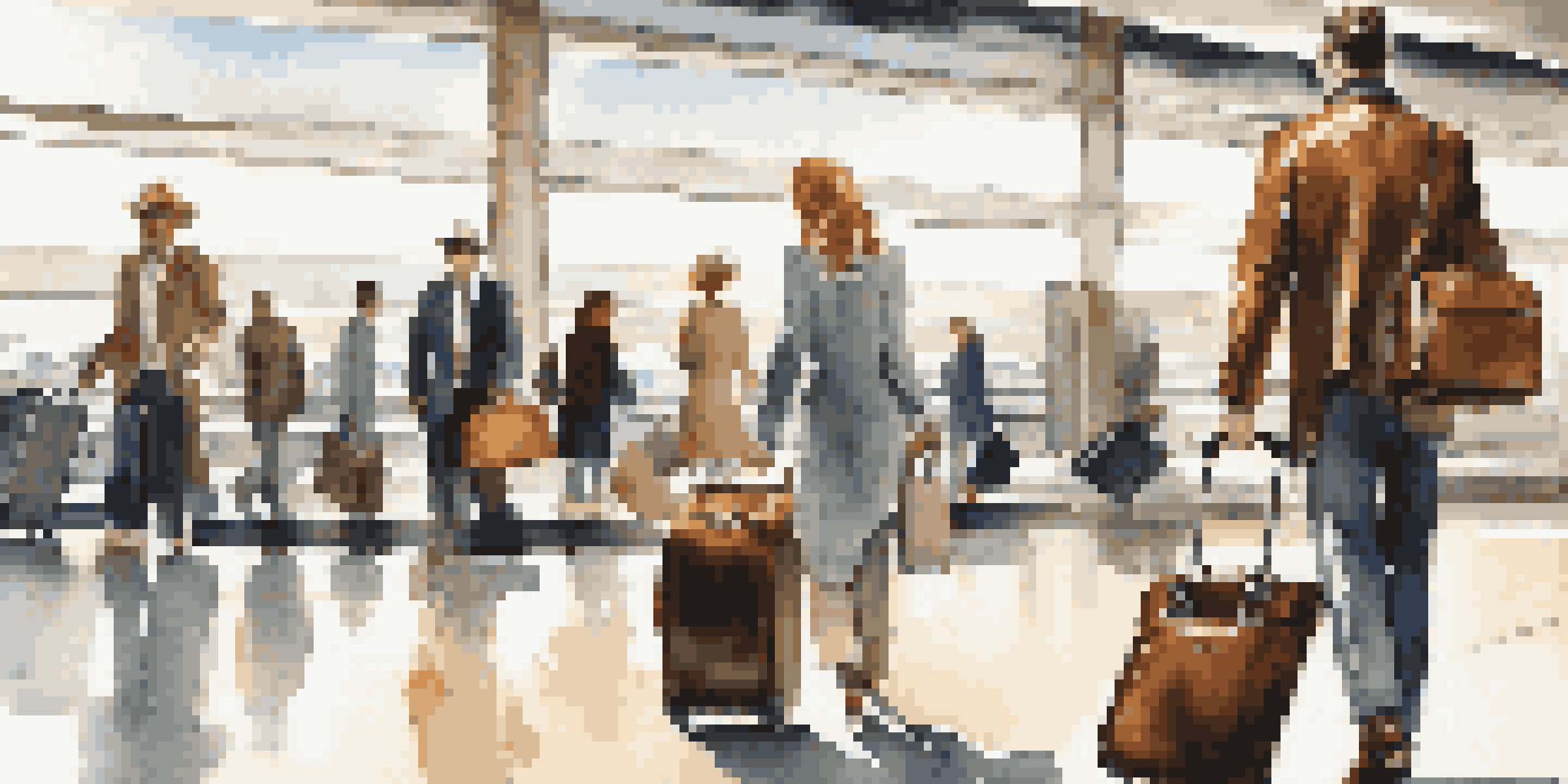 A traveler at an airport with a leather suitcase, dressed stylishly, in a busy terminal with natural light.