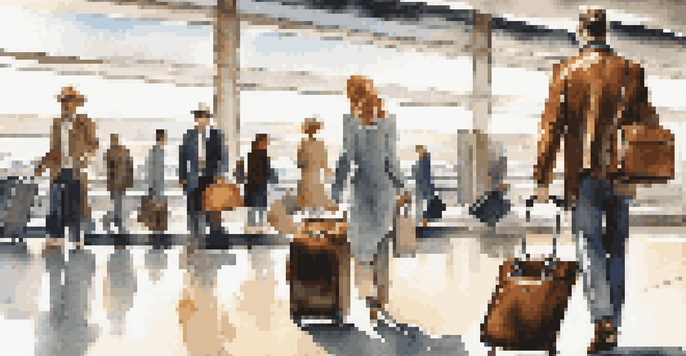 A traveler at an airport with a leather suitcase, dressed stylishly, in a busy terminal with natural light.