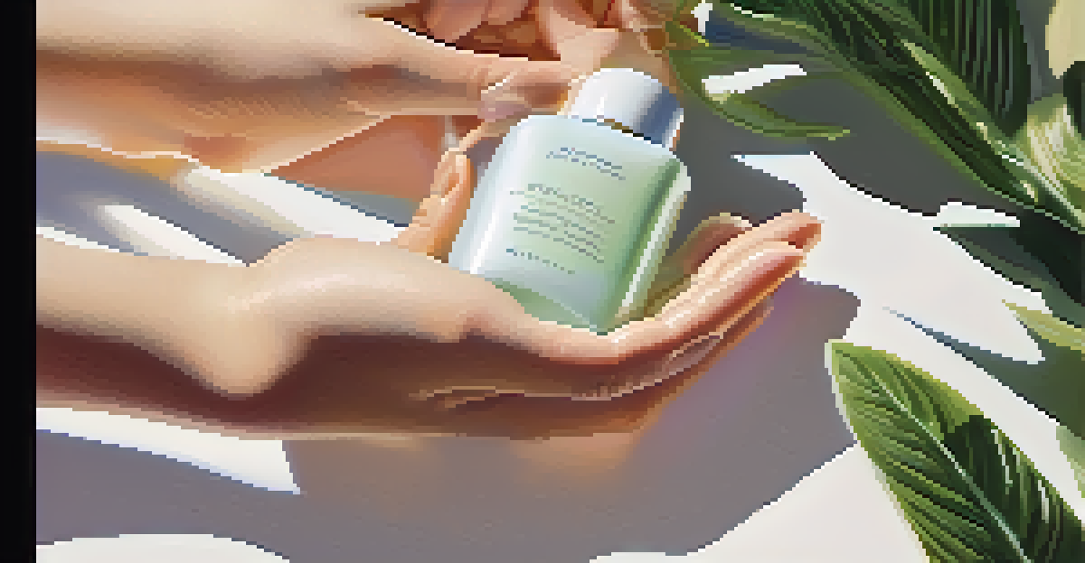 A close-up of a hand applying scented body lotion next to a perfume bottle.