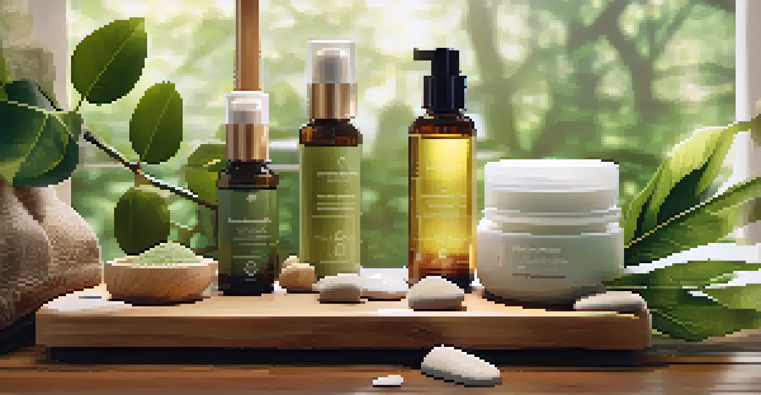 Close-up of eco-friendly skincare products on a wooden table with natural elements.
