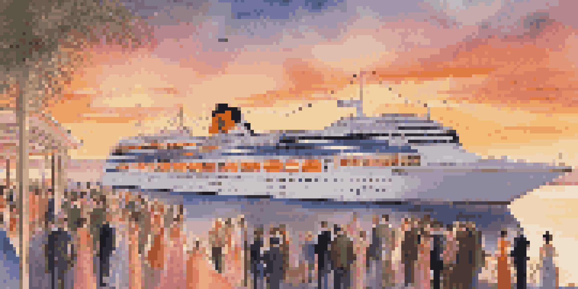 A luxury cruise ship in a port at sunset, with elegantly dressed passengers enjoying the view.