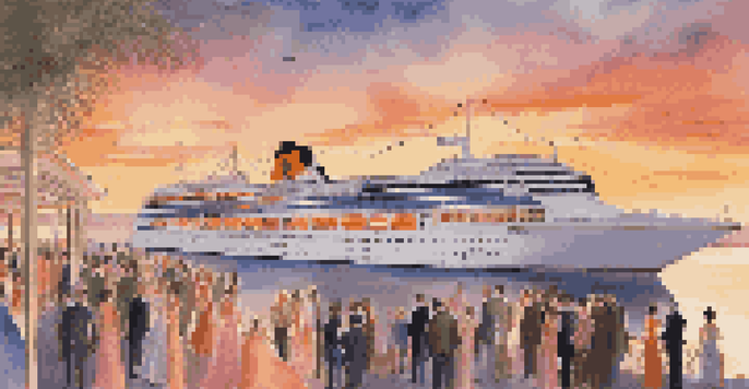 A luxury cruise ship in a port at sunset, with elegantly dressed passengers enjoying the view.
