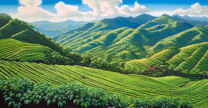 A coffee plantation in the Colombian highlands with ripe coffee cherries and mountains in the background, illuminated by soft sunlight.