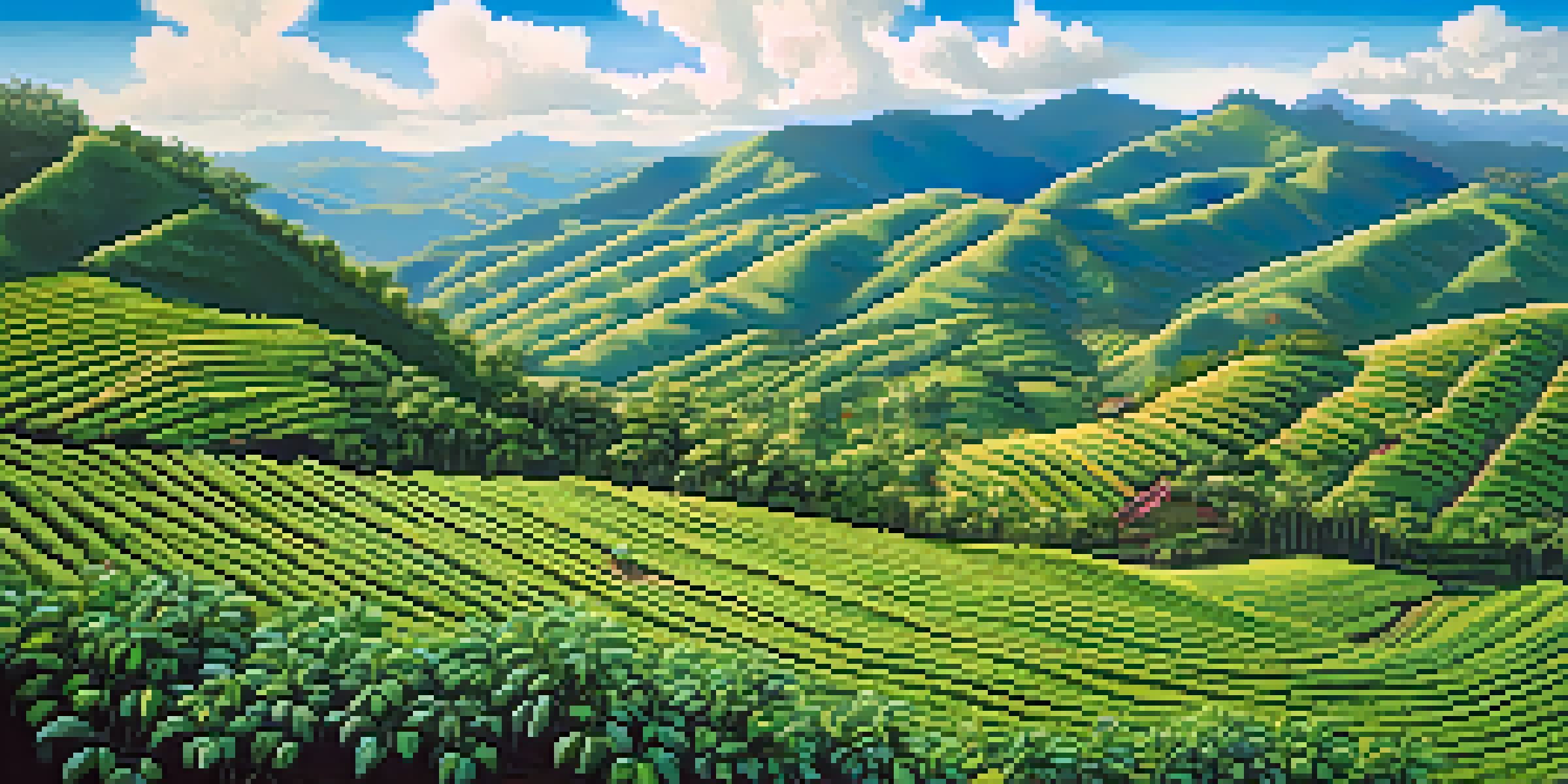 A coffee plantation in the Colombian highlands with ripe coffee cherries and mountains in the background, illuminated by soft sunlight.