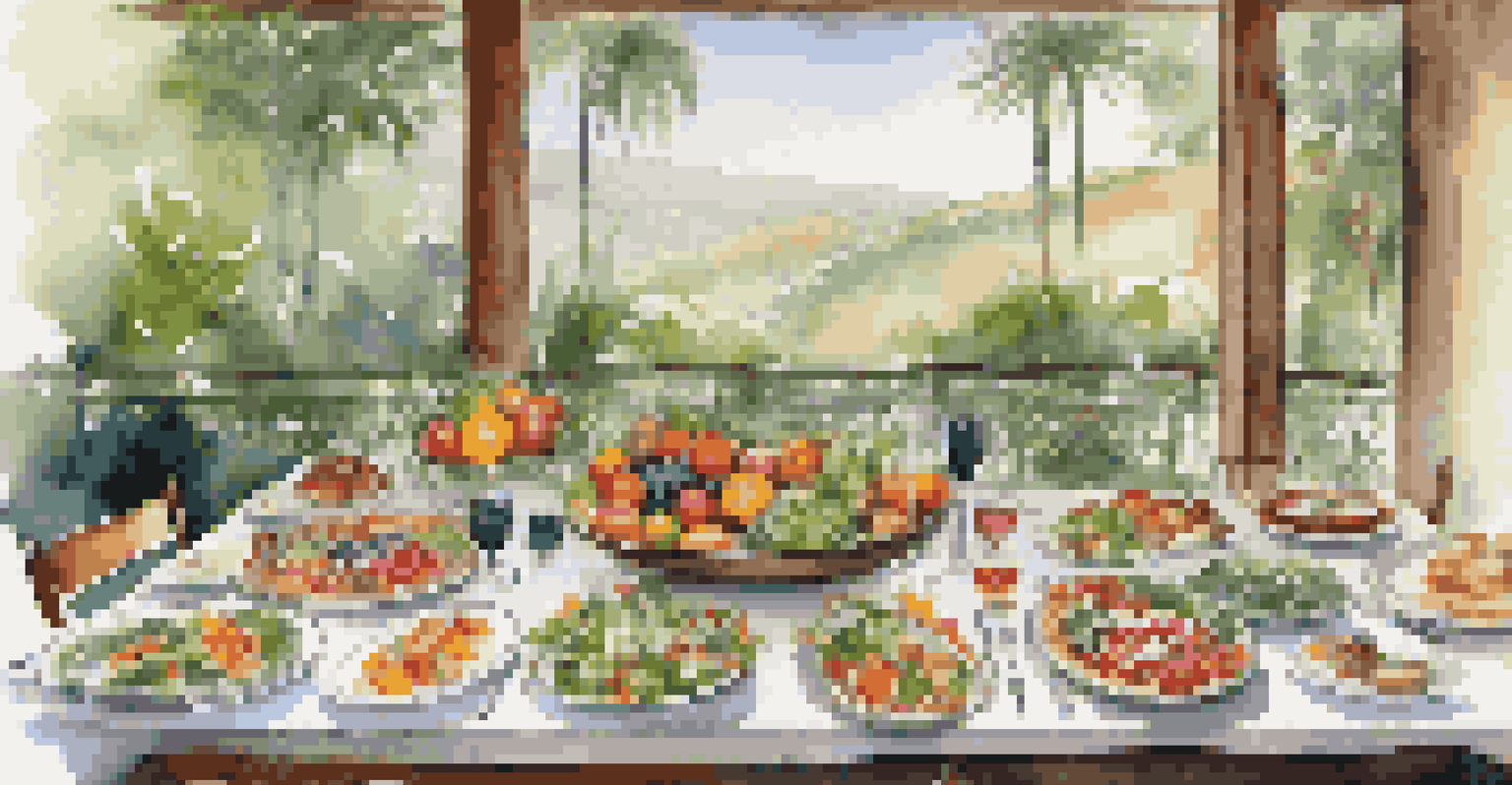 A dining table set with gourmet healthy dishes, featuring colorful vegetables and fruits, surrounded by greenery at a luxury fitness retreat.