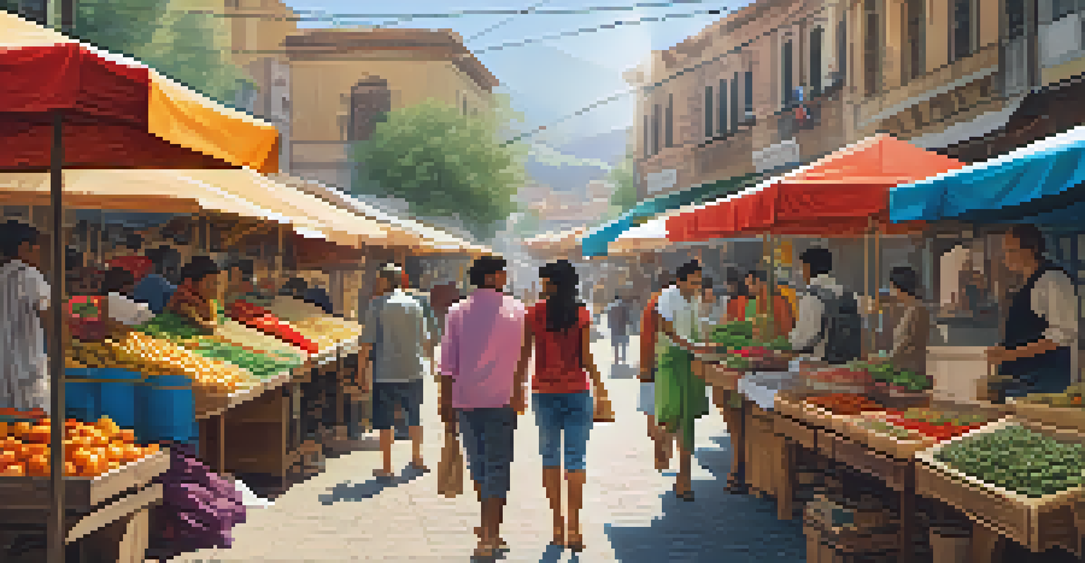 A traveler joyfully exploring a colorful market with local foods and crafts, smiling and engaging with the environment.