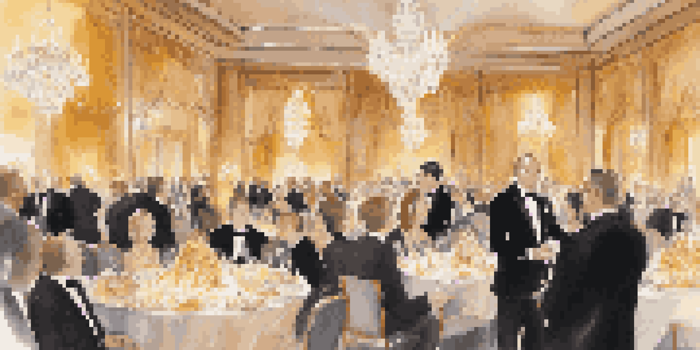 A luxurious charity event in a beautifully decorated ballroom with guests in formal attire and a warm golden glow.