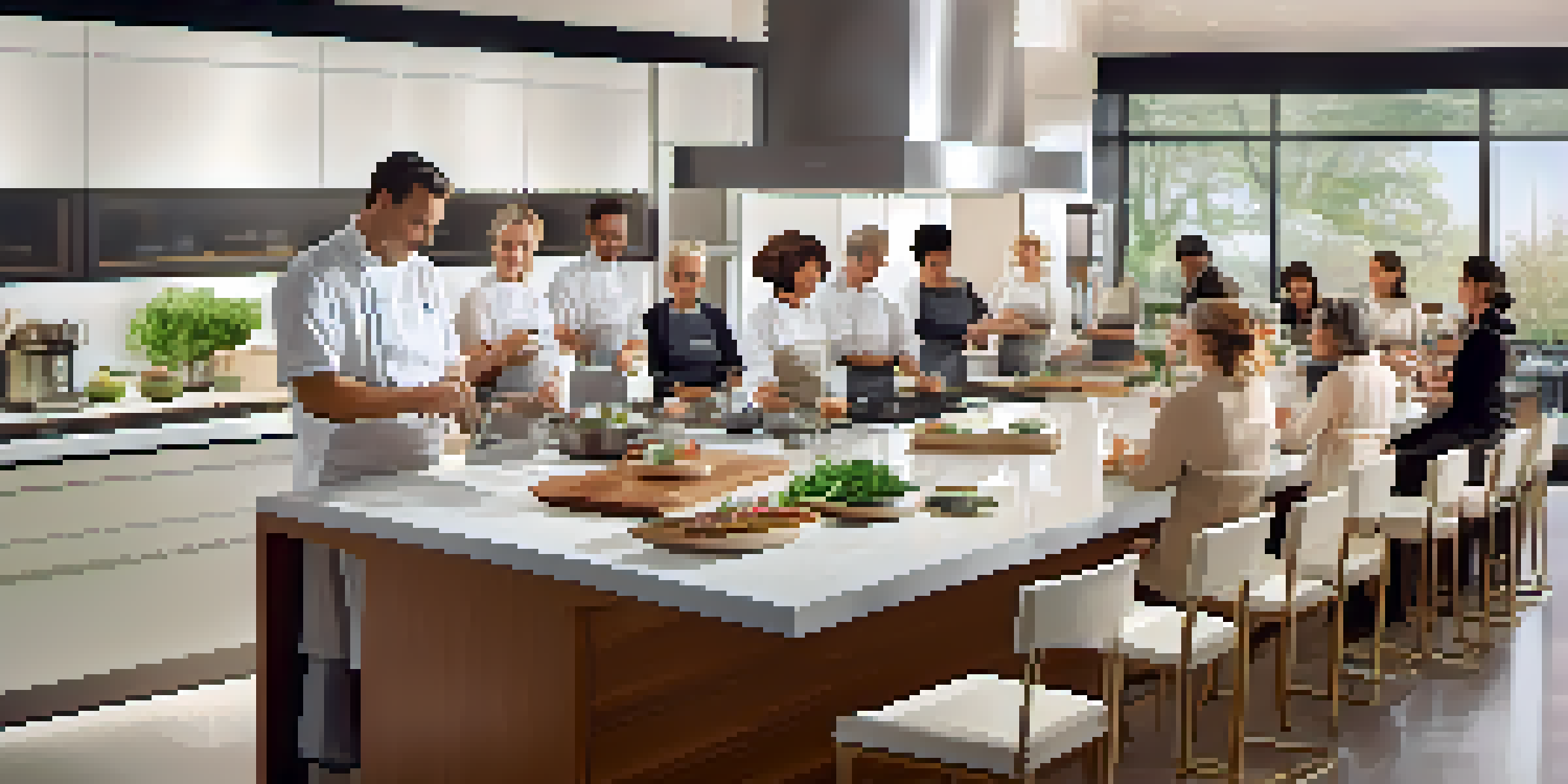 A chef teaching a cooking class in a modern, upscale kitchen with participants watching attentively.