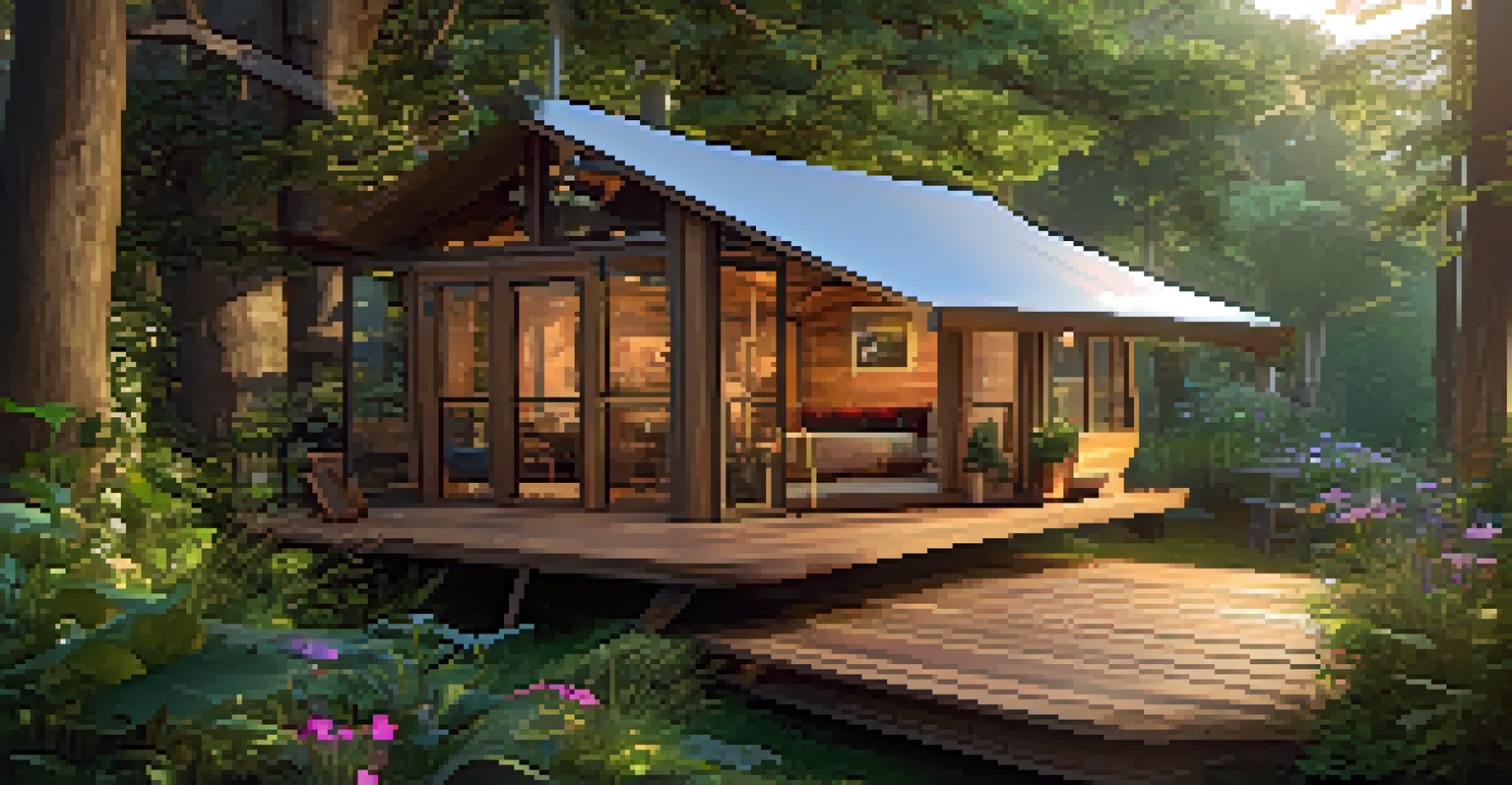 A modern treehouse glamping site surrounded by greenery, featuring large windows and a cozy deck with seating.