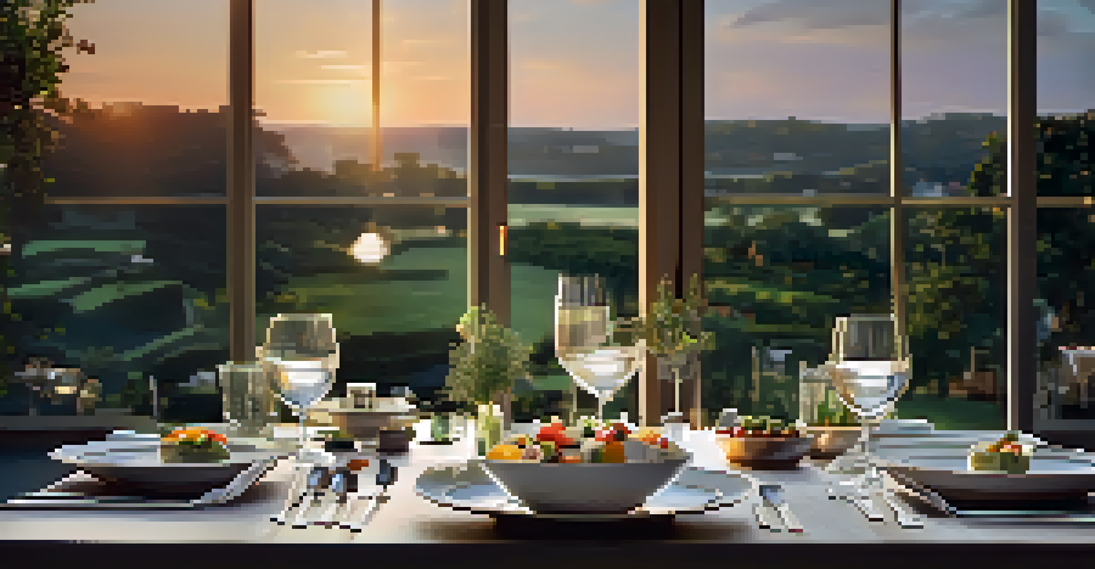 A beautifully arranged dining table with local dishes and eco-friendly decor, showcasing a scenic garden view.