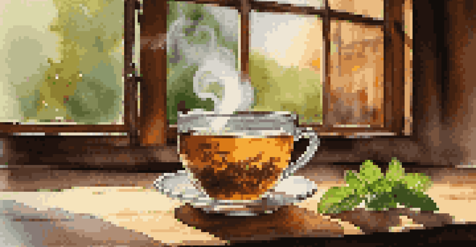 A steaming cup of amber loose leaf tea with fresh mint leaves on a rustic wooden table, surrounded by scattered tea leaves.