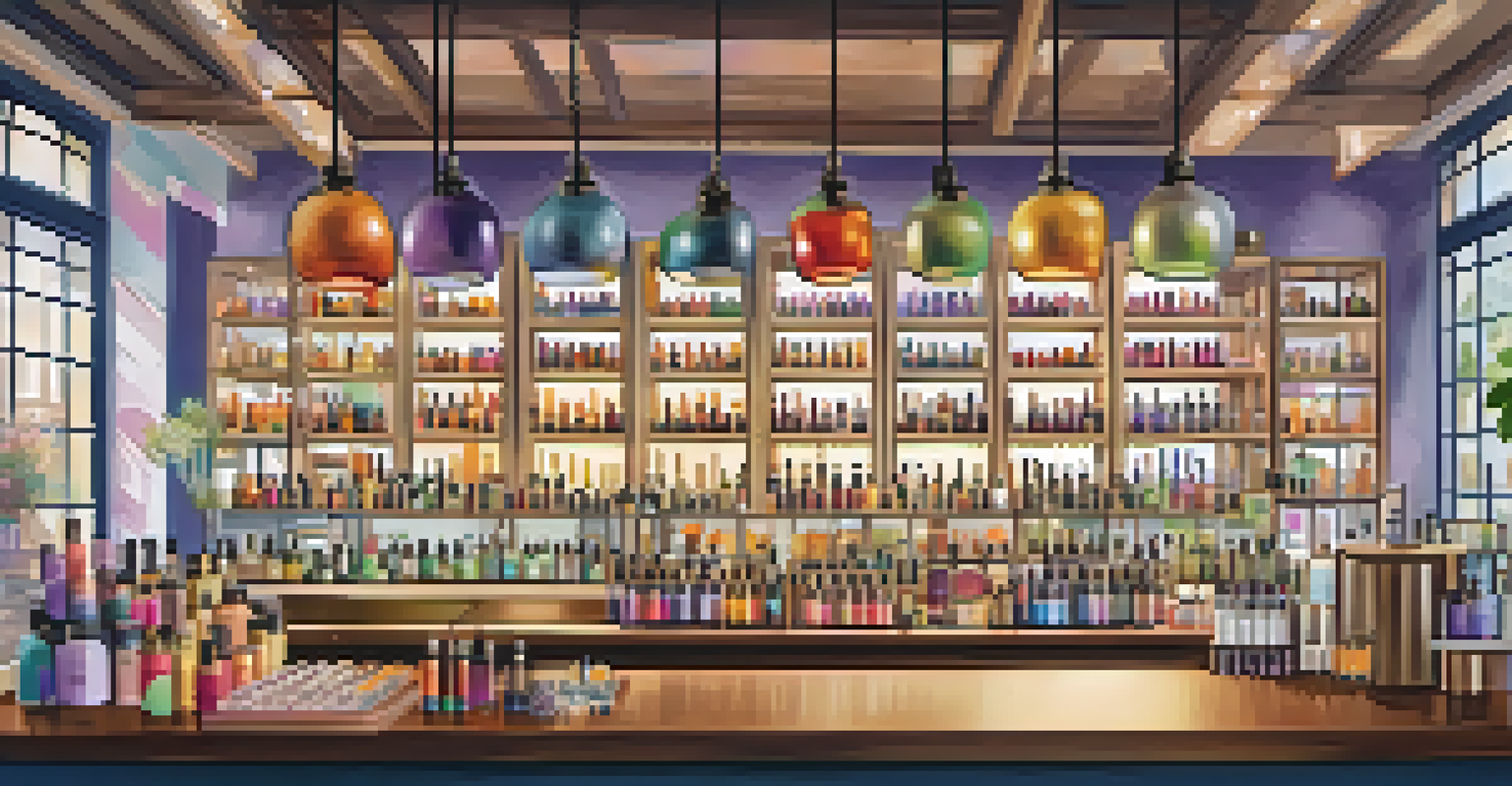 A fragrance bar with a person mixing essential oils, colorful bottles, and a warm inviting atmosphere.