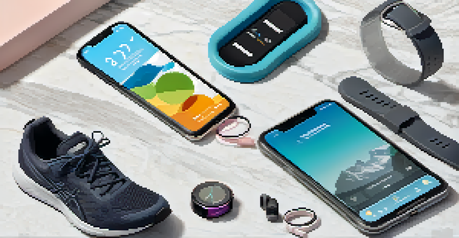 A flat lay of smart wearables and fitness items on a marble surface.