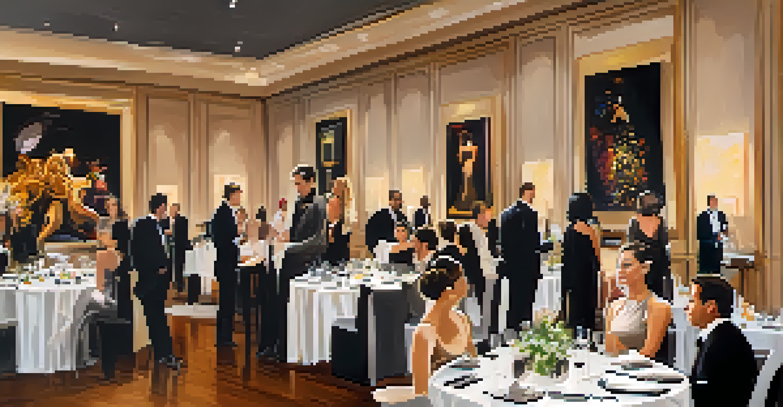 A sophisticated VIP art event featuring contemporary art installations, gourmet food, fine wine, and guests socializing in an elegant environment.