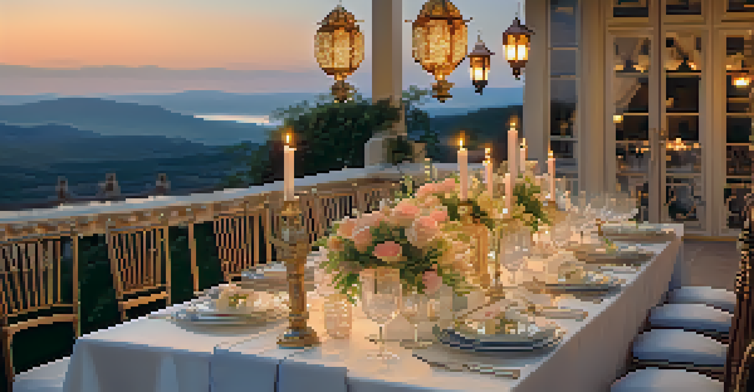 An outdoor dining setup on a terrace with fine china, crystal glasses, and ambient lighting during sunset.