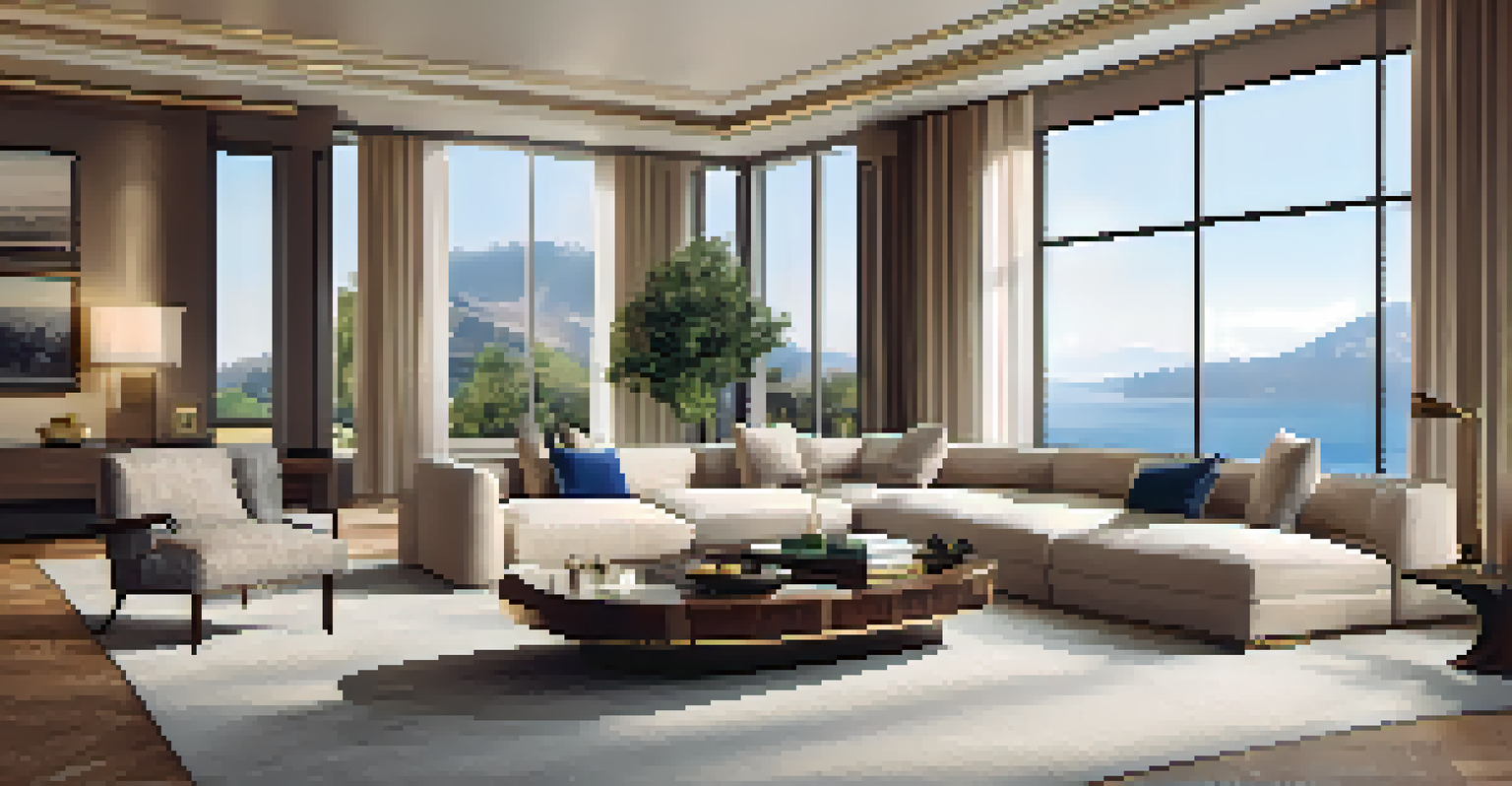 An elegant living room with luxury furnishings, a tablet displaying an alarm system, and bright natural light coming through large windows.