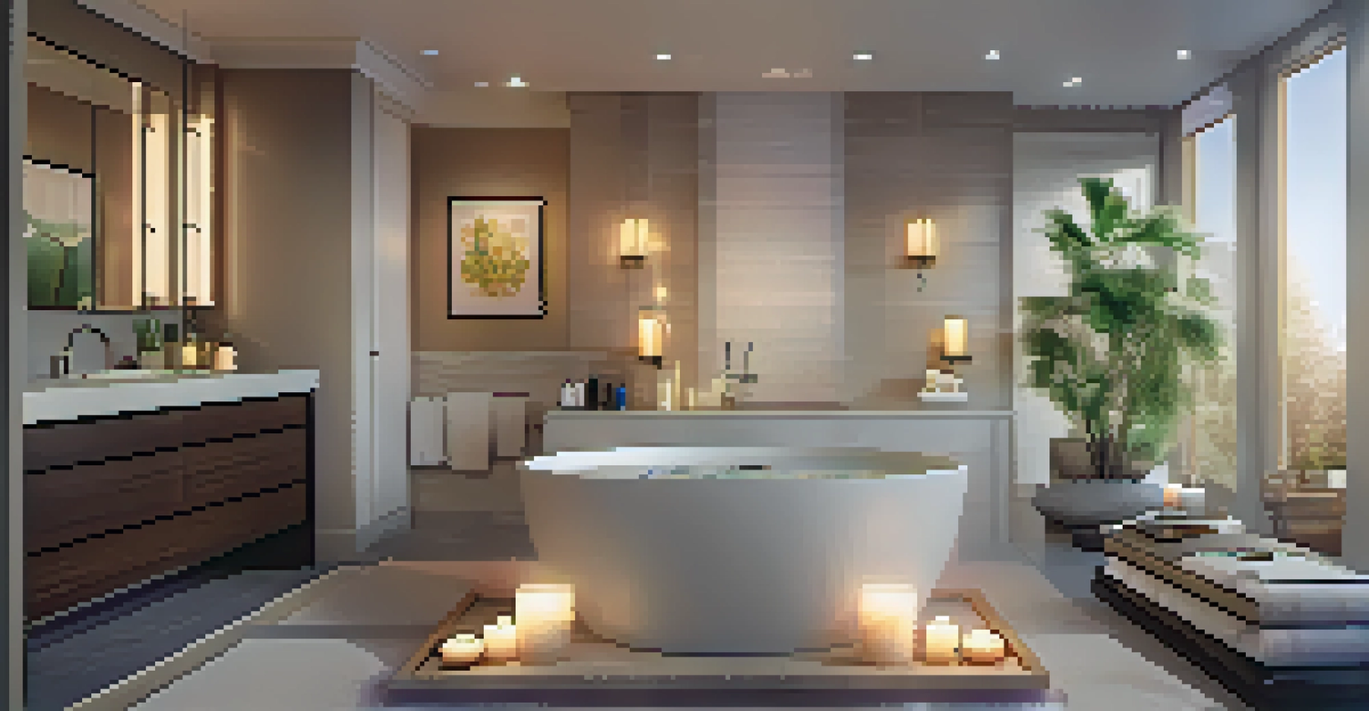 A wellness-focused bathroom with a luxurious soaking tub, candles, and chromotherapy lighting, complemented by a steam shower in the background.