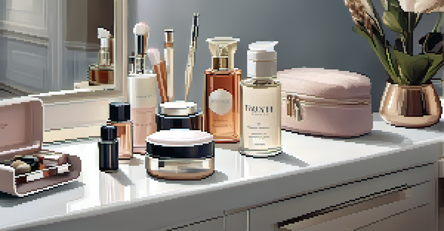 A chic toiletry bag on a plush bathroom countertop, filled with travel-sized containers, a mini perfume, and a compact mirror, well-lit for emphasis.