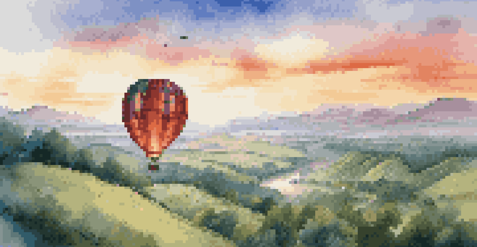 A colorful hot air balloon ascending at dawn over rolling hills and a vibrant sunrise, surrounded by lush greenery and rivers.