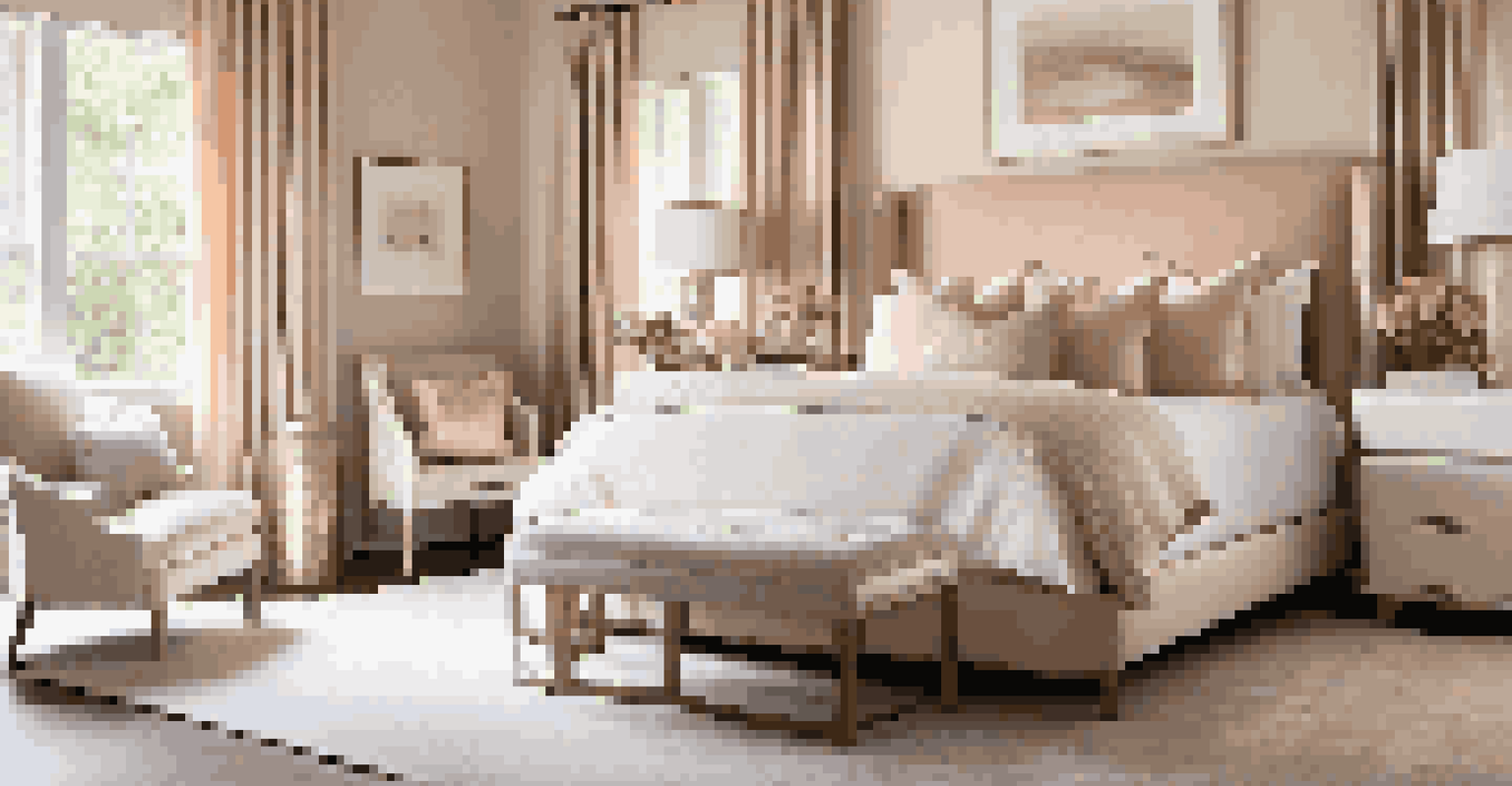 A serene bedroom with a king-sized bed in silk bedding and soft light filtering through sheer curtains.