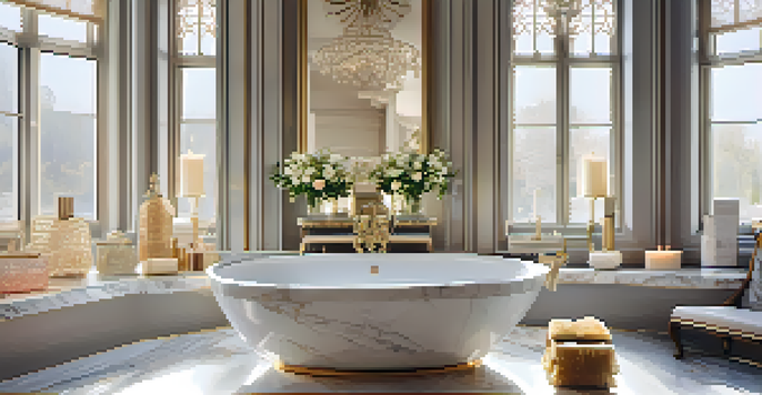 An elegant bathroom with a marble countertop displaying beautifully designed luxury soaps, soft golden light enhancing the textures, and fresh flowers nearby.