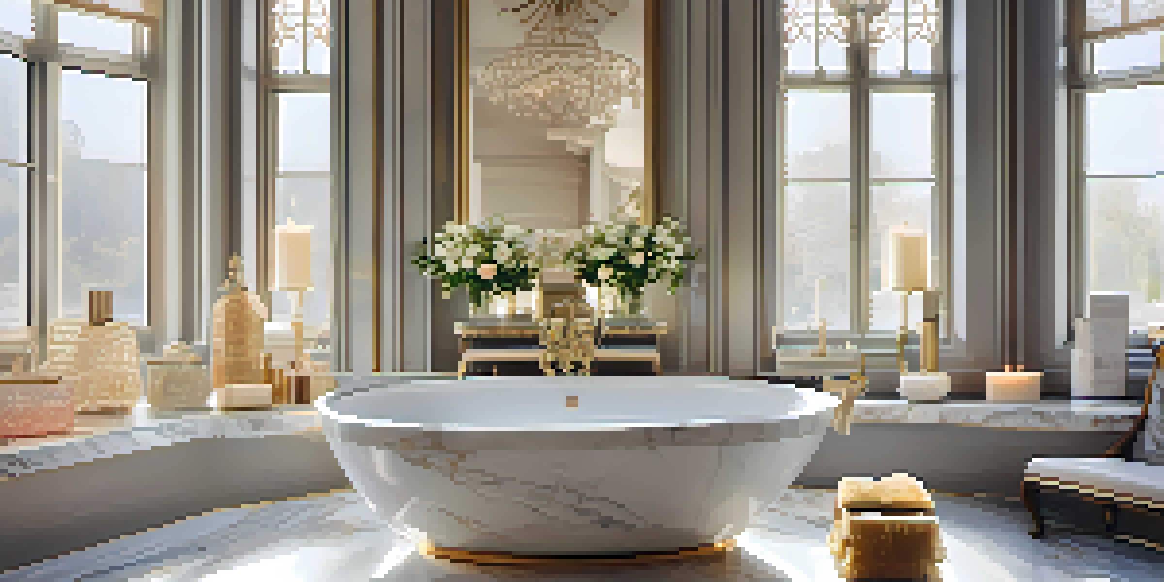 An elegant bathroom with a marble countertop displaying beautifully designed luxury soaps, soft golden light enhancing the textures, and fresh flowers nearby.