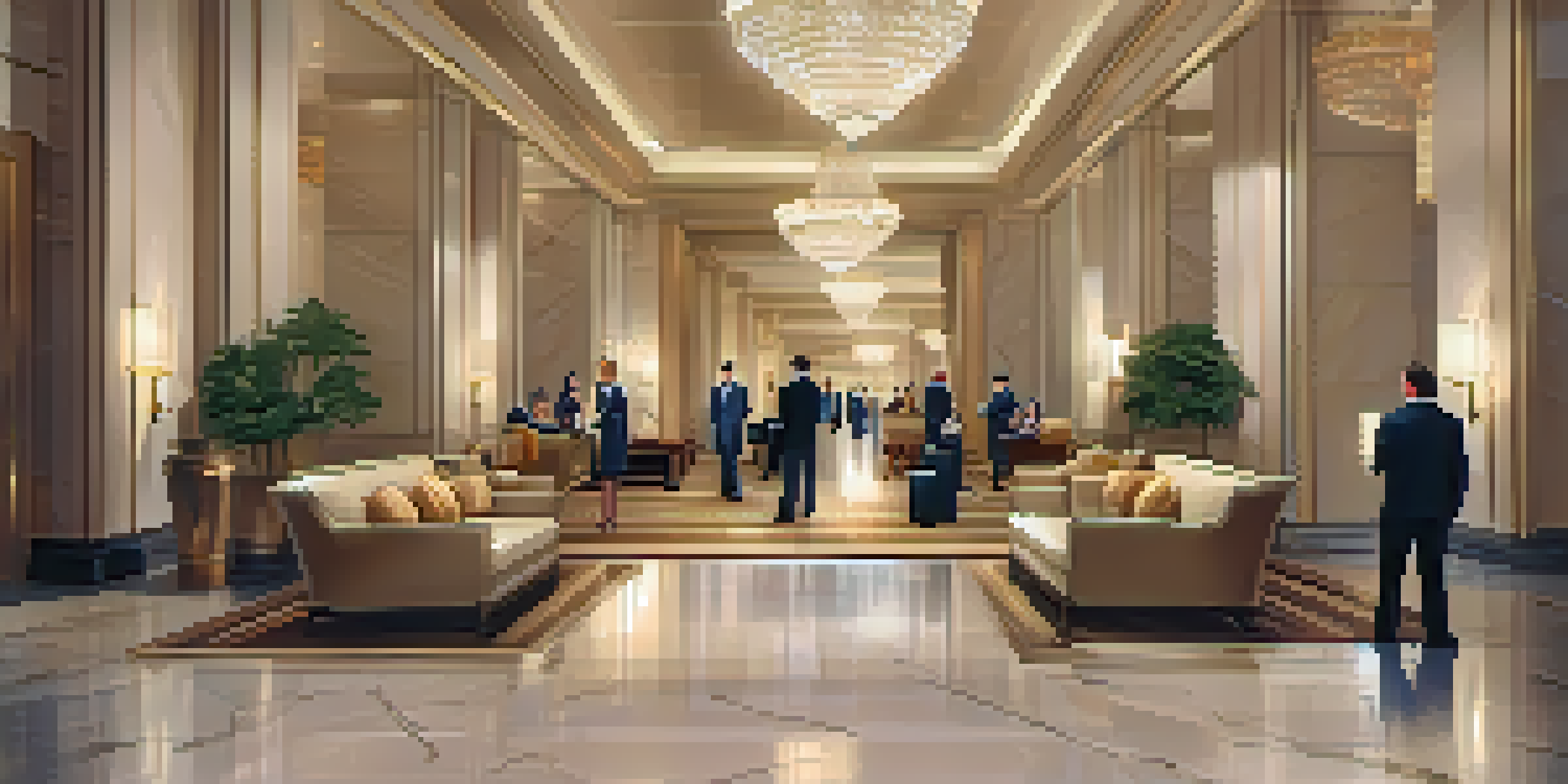 An elegant hotel lobby with chandeliers and marble floors, where a concierge greets a guest.
