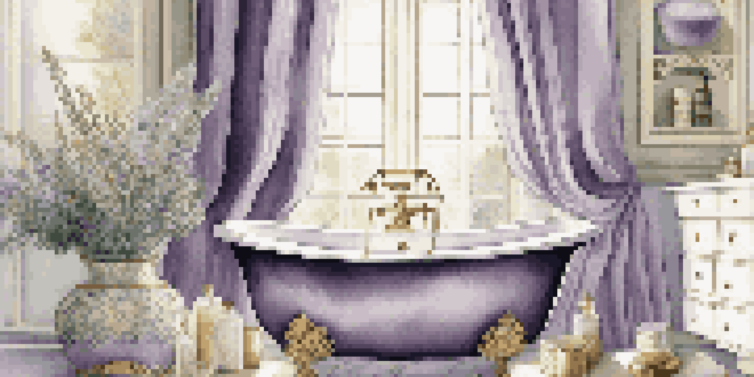 A calming bathroom with a luxurious bathtub, surrounded by decorative luxury soaps and fresh lavender.