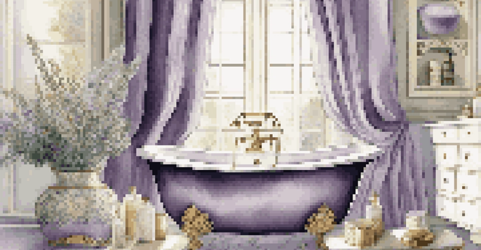 A calming bathroom with a luxurious bathtub, surrounded by decorative luxury soaps and fresh lavender.