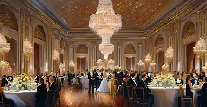 A luxurious gala event in a ballroom with crystal chandeliers, floral arrangements, and guests in formal attire.