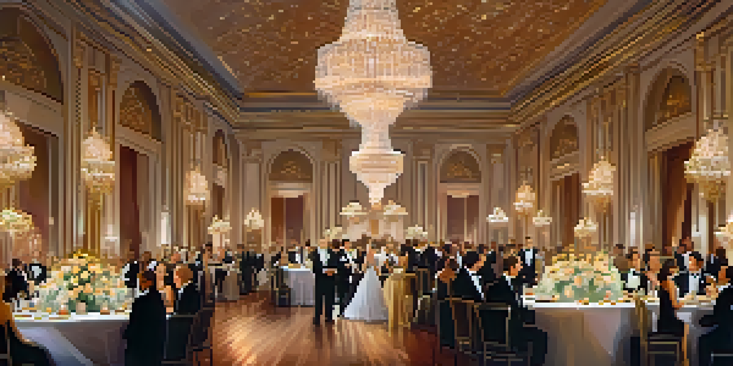 A luxurious gala event in a ballroom with crystal chandeliers, floral arrangements, and guests in formal attire.