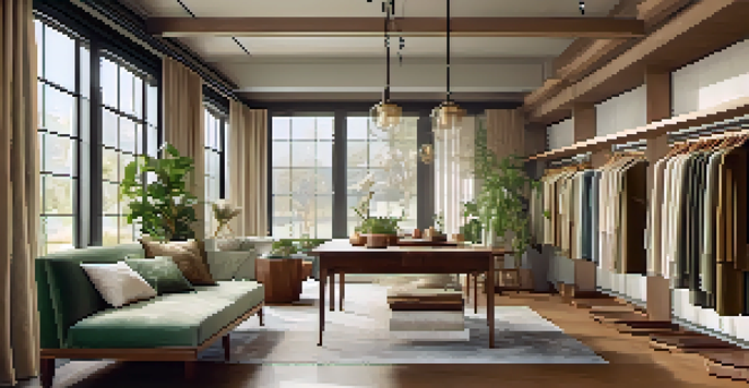 A tranquil showroom showcasing luxurious fabrics like silk and organic cotton, with warm natural lighting and earthy colors.