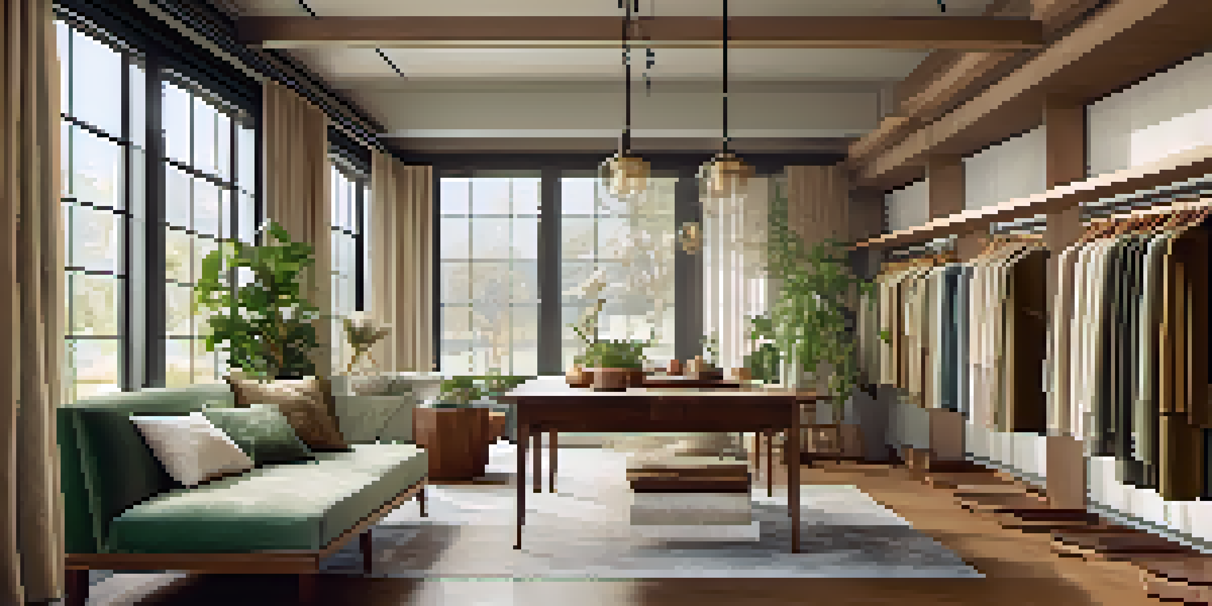 A tranquil showroom showcasing luxurious fabrics like silk and organic cotton, with warm natural lighting and earthy colors.