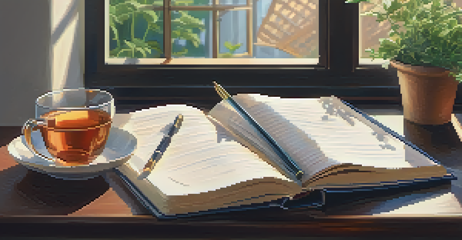 An open journal on a desk with a cup of tea and a plant, showcasing handwritten notes on mindfulness.