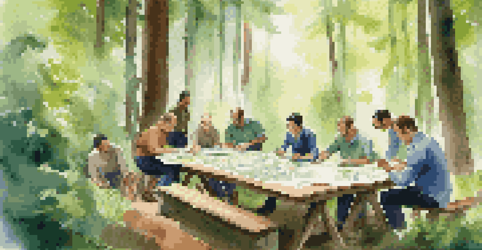 Executives participating in a team-building activity in a green forest, focused on a problem-solving exercise.