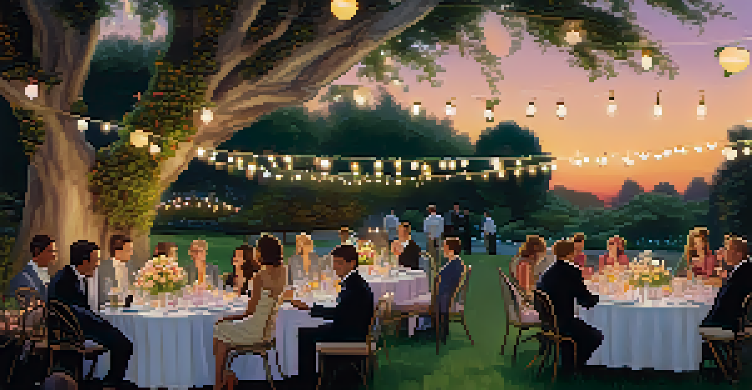 An outdoor garden party with fairy lights, elegant tables, and guests enjoying cocktails at sunset.