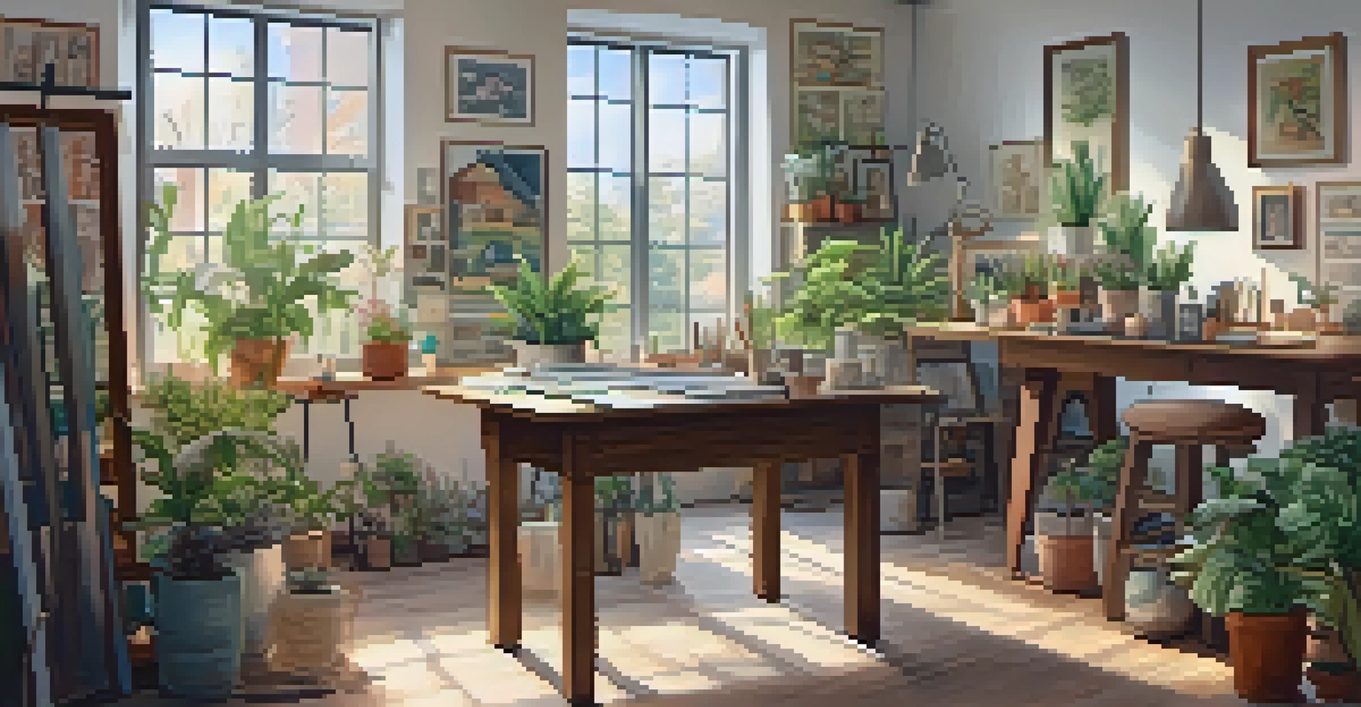 A bright and inviting art studio with artists engaged in creative activities, surrounded by plants and colorful artwork.