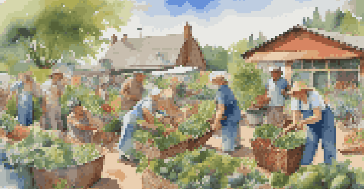 An outdoor community garden with people harvesting vegetables and sharing tips in a vibrant, green environment.