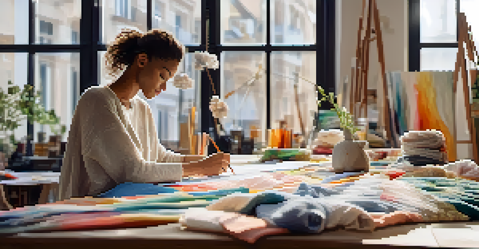 A fashion designer sketching in a bright studio filled with sustainable fabrics and recycled materials, illuminated by natural light.