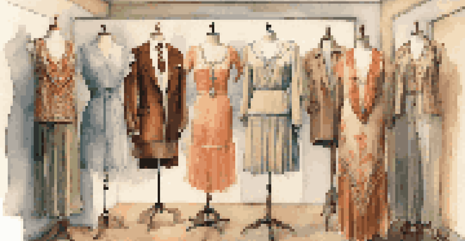 A display of vintage fashion reproductions on mannequins, featuring styles from the 1920s, 1970s, and 1980s in a boutique setting.