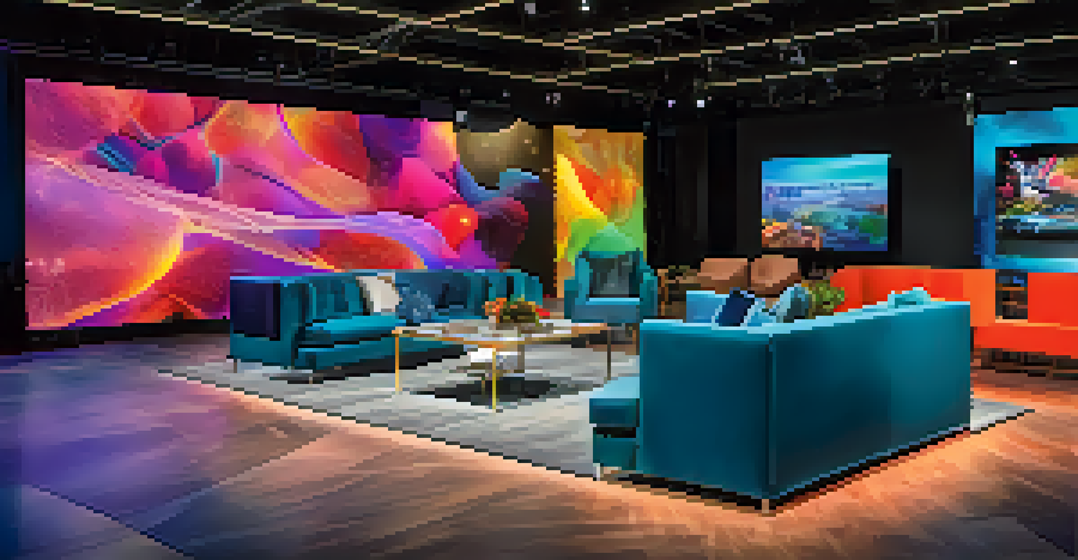 A modern event space with interactive technology displays, vibrant colors, and guests engaging with augmented reality features.