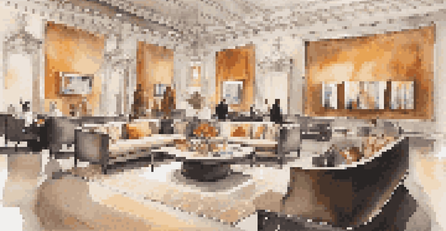 An elegant VIP lounge at an art fair featuring stylish furniture and art, where influential collectors are networking in a sophisticated setting.