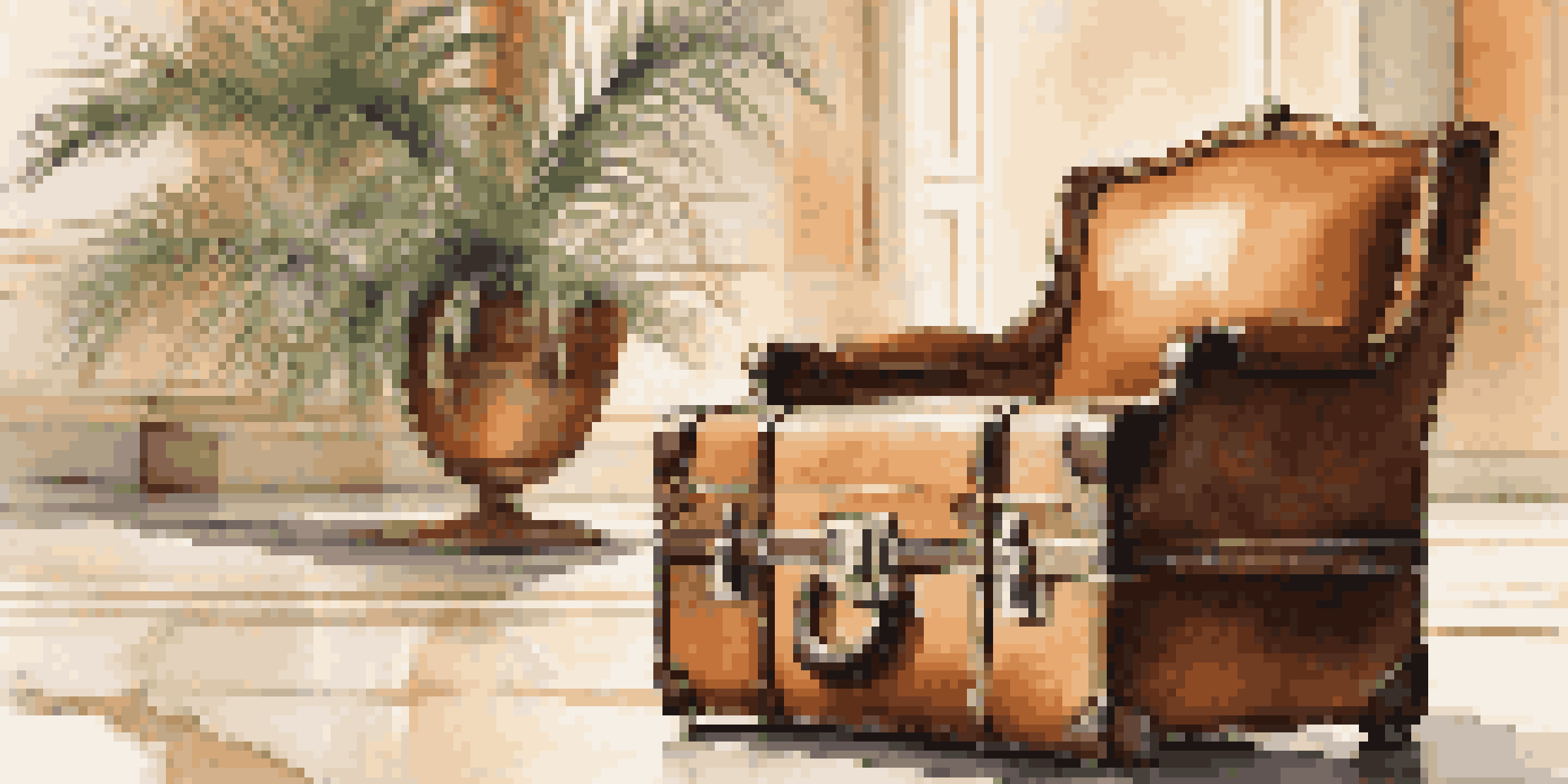 A leather suitcase with monogramming in a hotel lobby, surrounded by plush furniture and plants.