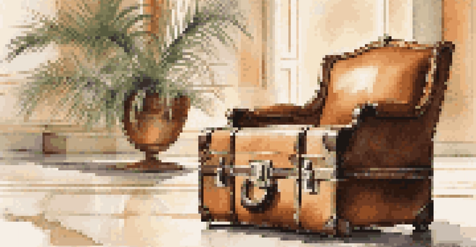A leather suitcase with monogramming in a hotel lobby, surrounded by plush furniture and plants.