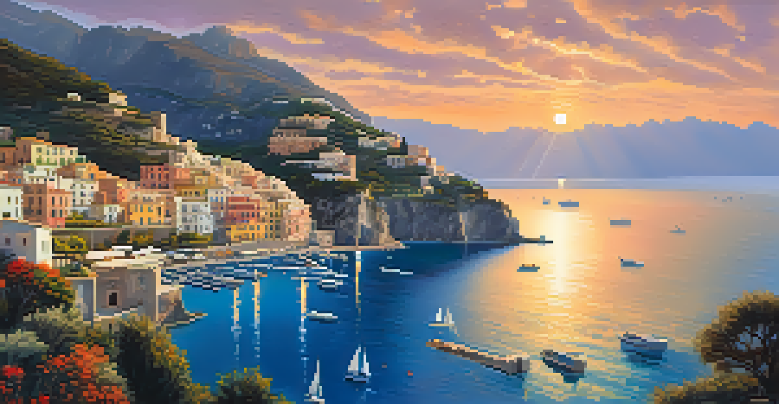 A beautiful sunset over the Amalfi Coast with colorful cliffside villages and calm waters.