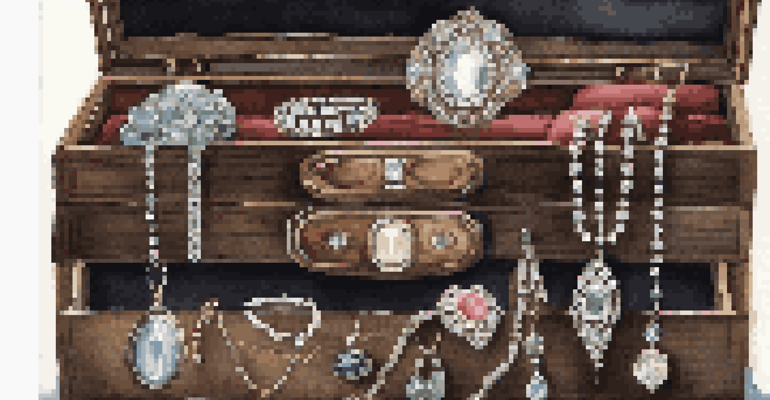 An open vintage jewelry box with antique rings and pendants arranged inside, lined with soft fabric.